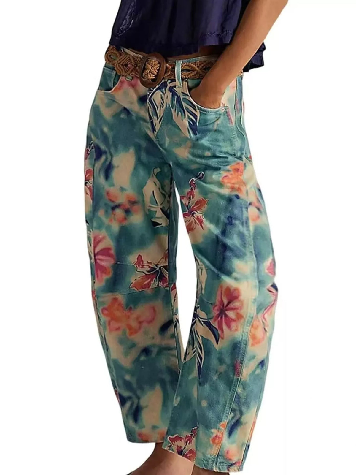 Printed Wide-Leg Jeans - Turquoise - View 10