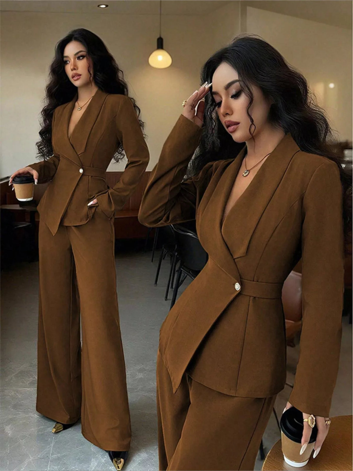 One Button Blazer and Pants Set - Brown Color - View 14