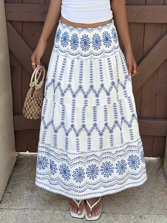 Printed Tiered Maxi Skirt - Blue - View 2