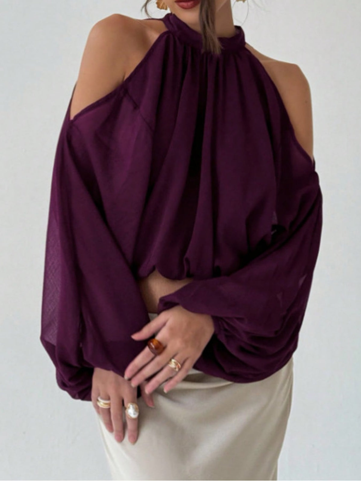 Cold-Shoulder Long Sleeve Blouse - Purple - View 17