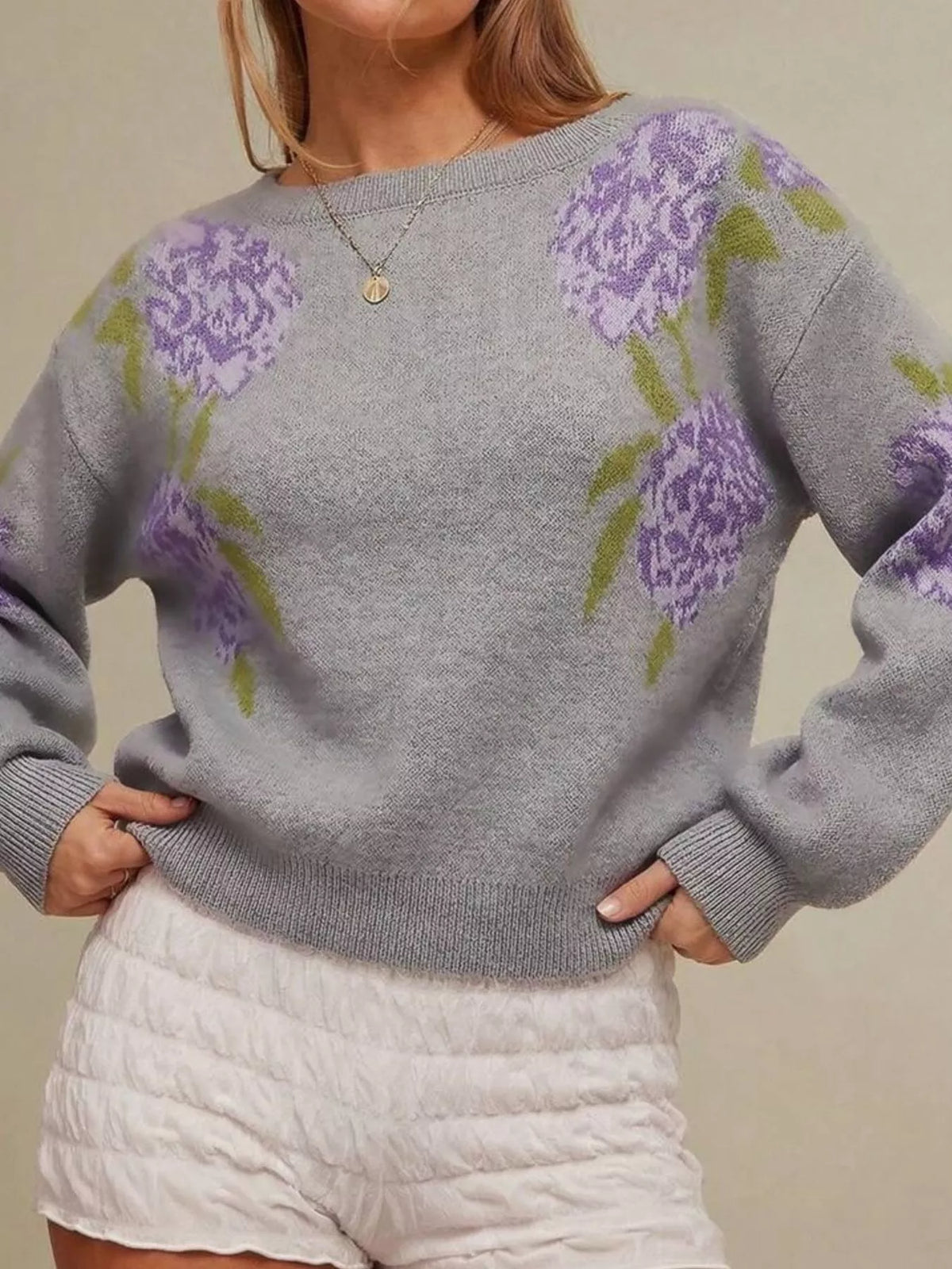 Floral Pattern Dropped Shoulder Sweater - Gray - View 12