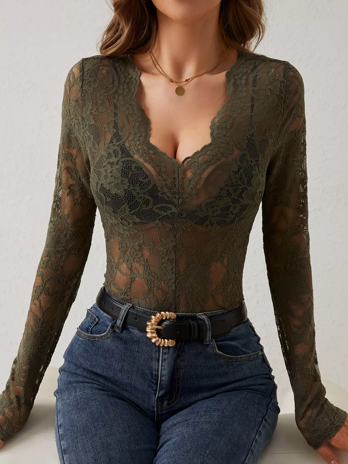 Lace V-Neck Long Sleeve Top - Olive Green - View 16