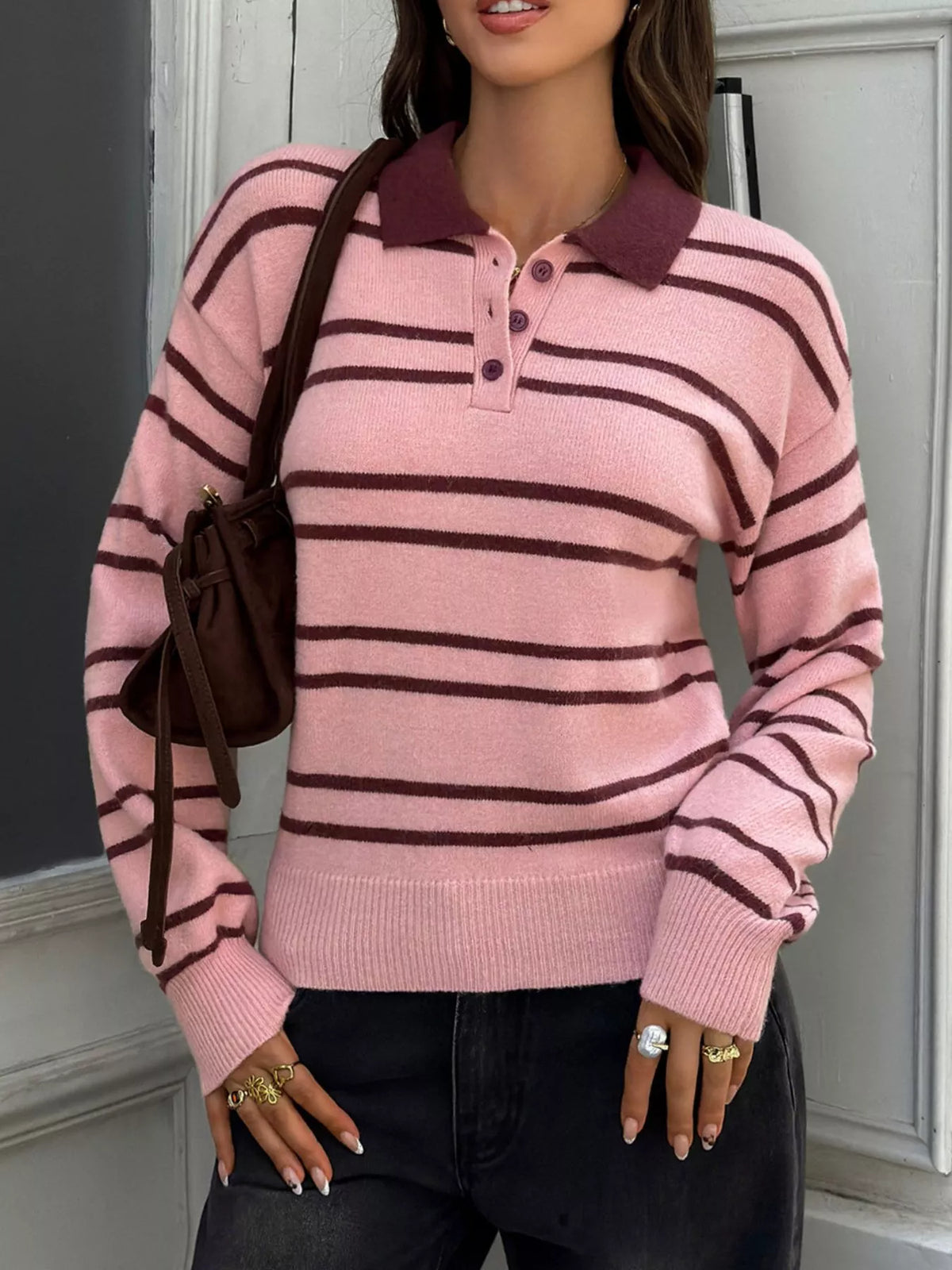 Striped Polo Collar Dropped Shoulder Sweater - Pink And Brown Stripes - View 1