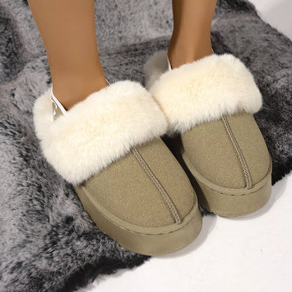 Round Toe Fur Trim Platform Slippers - Sage - View 3