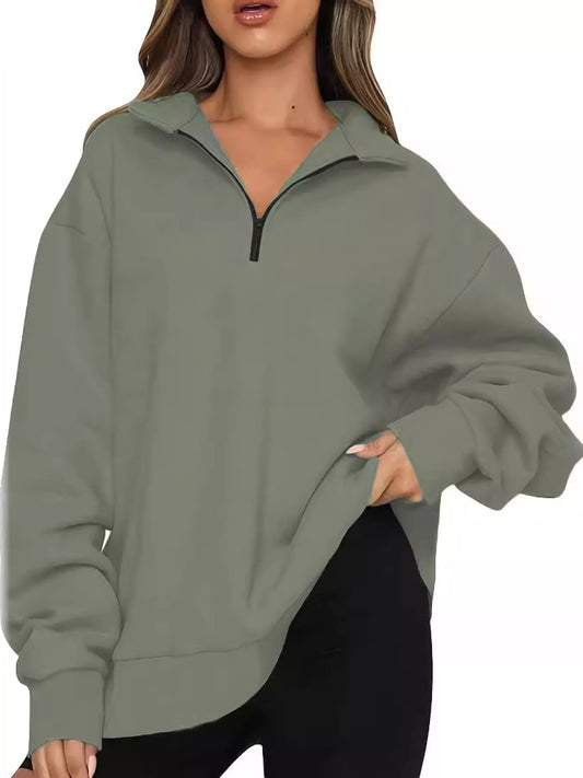 Full Size Quarter-Zip Dropped Shoulder Sweatshirt Plus Size - Light Gray - View 1