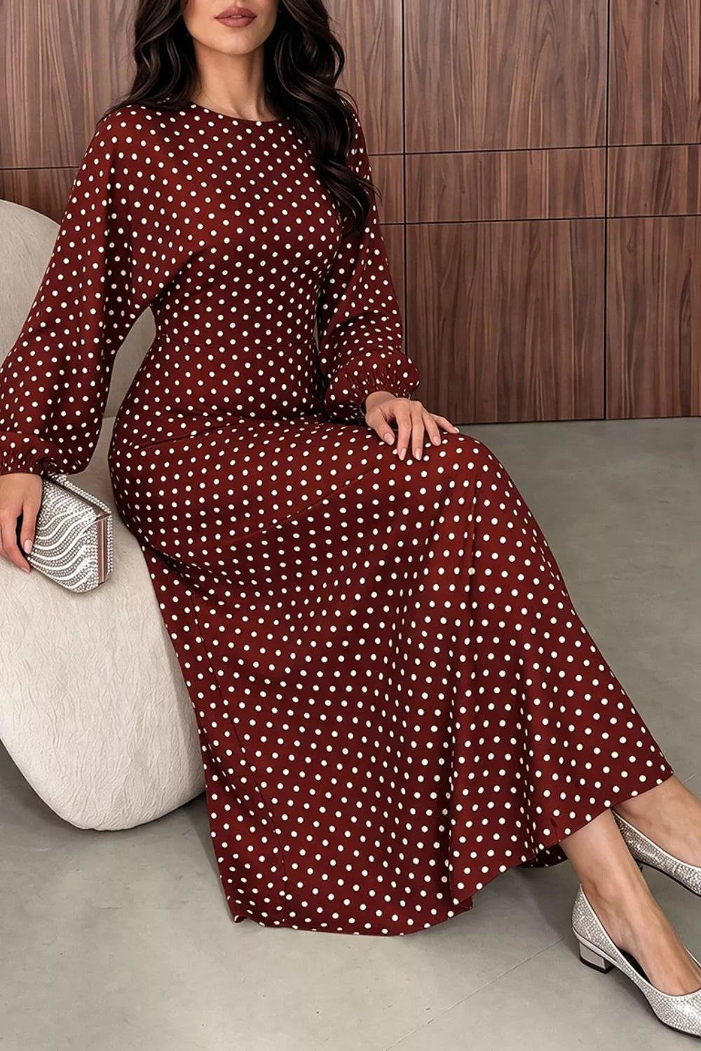 Polka Dot Long Sleeve Maxi Dress - Burgundy - View 3