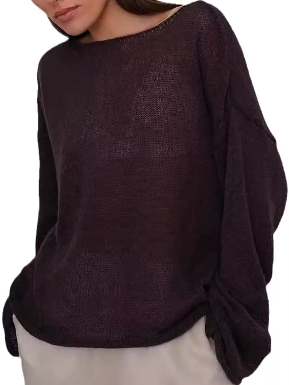 Lightweight Dropped Shoulder Knit Cover Up - Brown - View 4