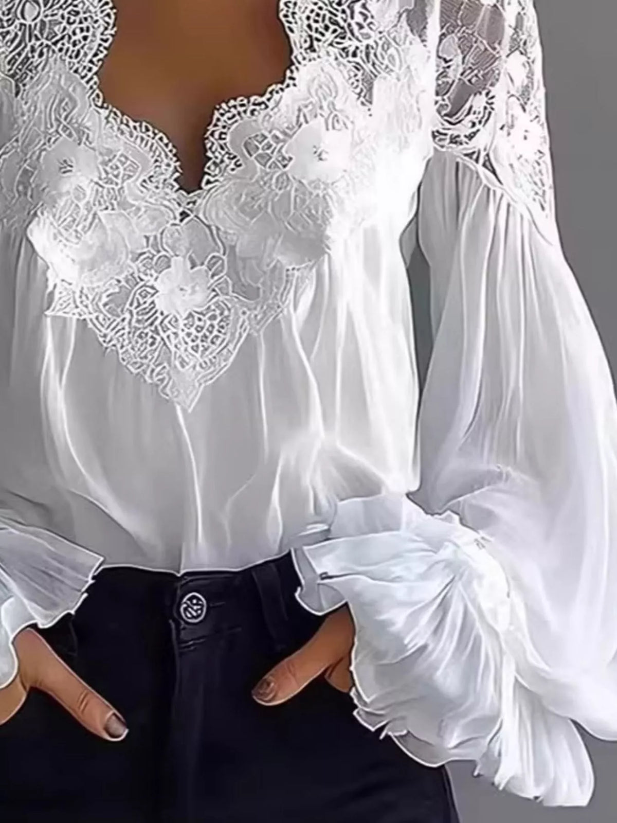 Full Size Lace V-Neck Flounce Sleeve Blouse Plus Size - White - View 5