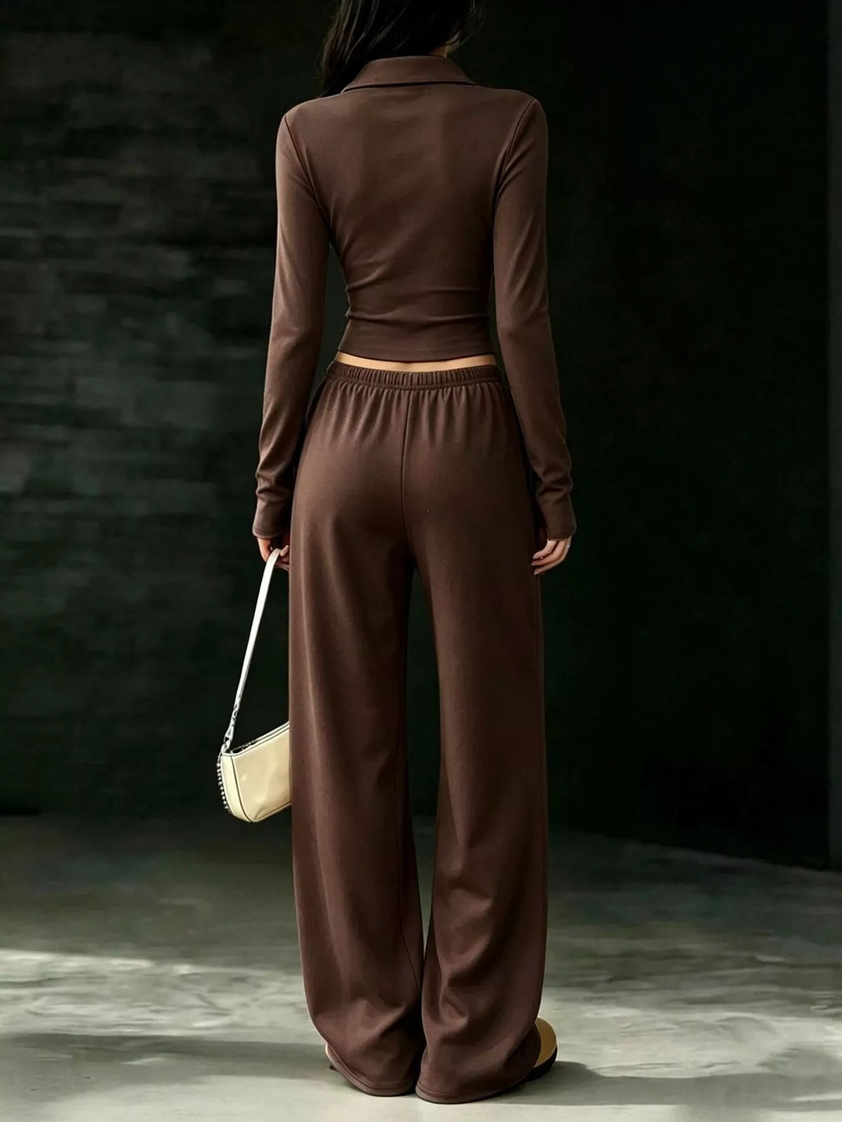Solid Color Long Sleeve Polo Collar Top and Wide Leg Pants Set - Dark Brown - View 3