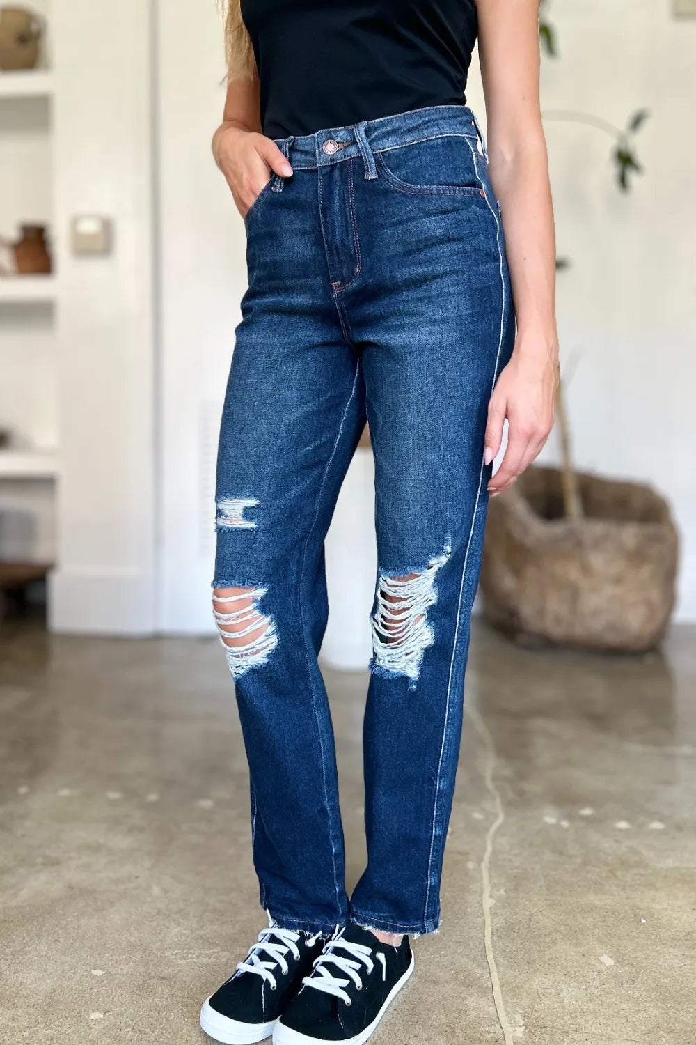 Judy Blue Full Size High Waist Rigid Magic Heavy Destroy Straight Jeans - Dark - View 13