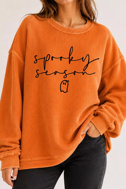 Spooky Season Ghost Letter Cozy Ribbed Pullover Sweatshirt - Sherbet - View 5