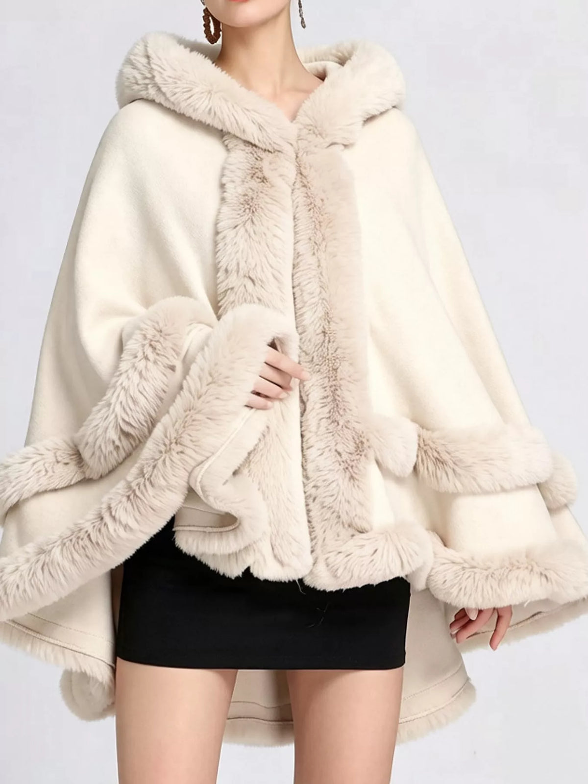 Faux Fur Trimmed Hooded Cape - Beige - View 24