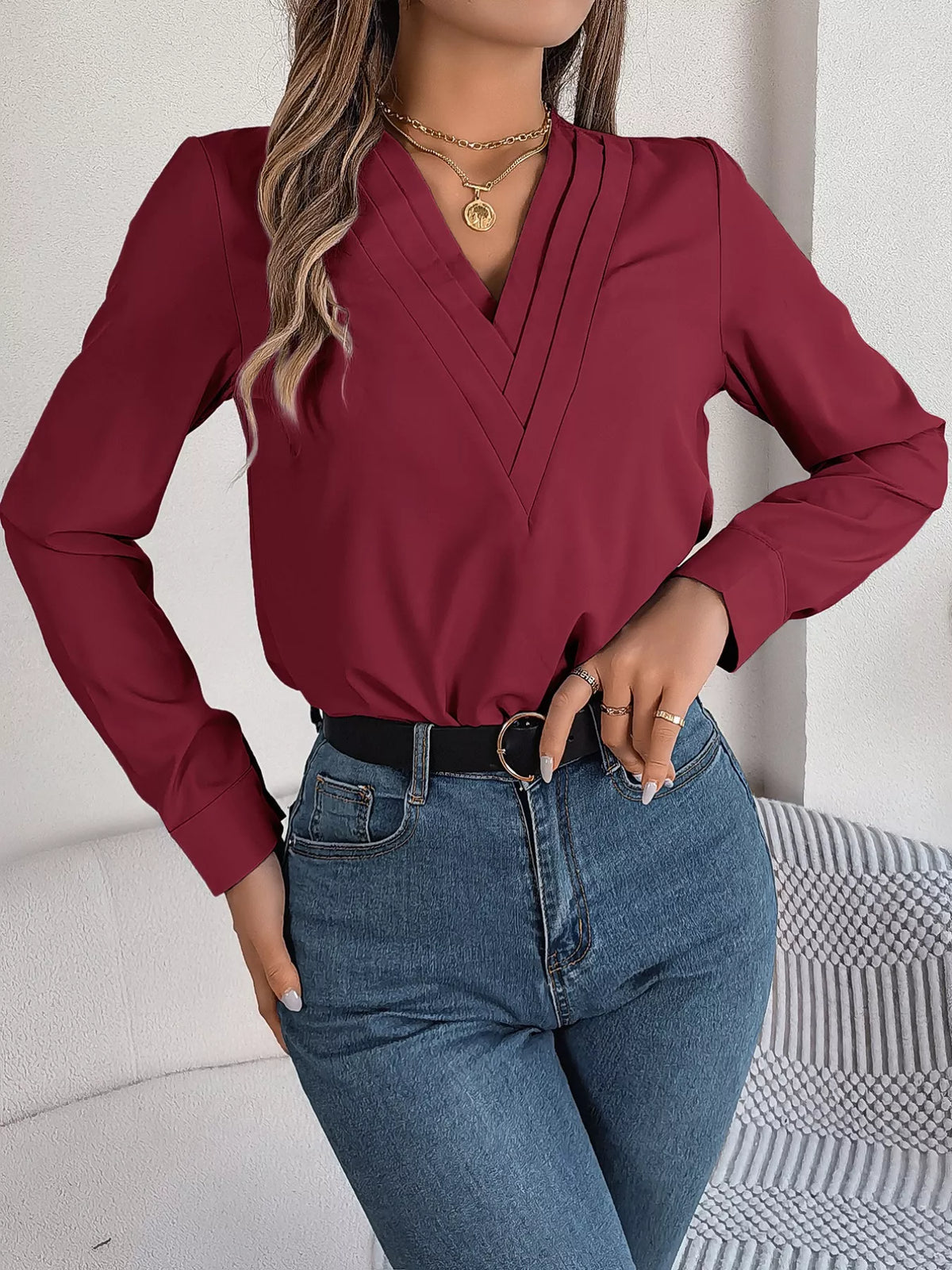 Layered V-Neck Long Sleeve Blouse - Burgundy - View 29