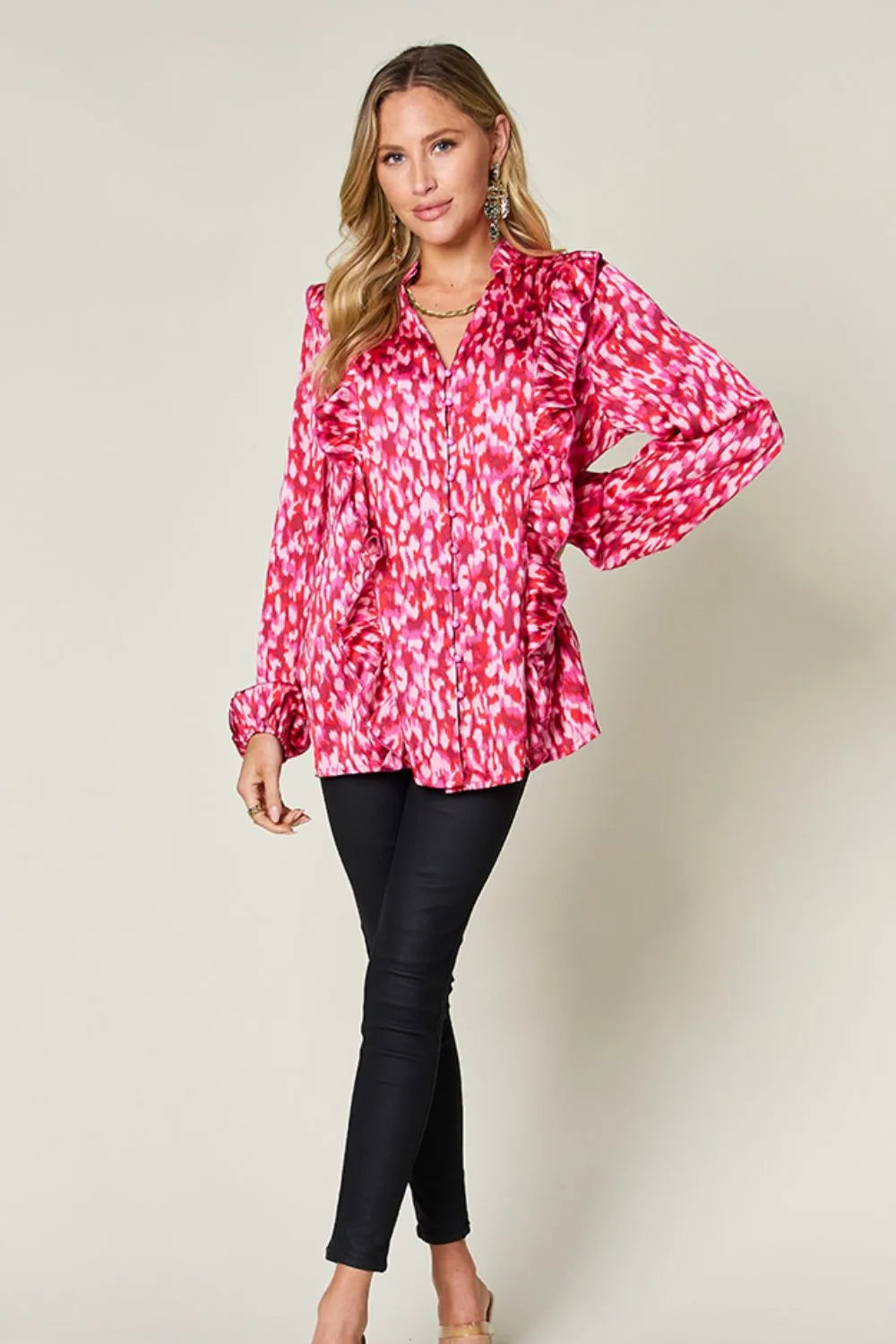 Double Take Full Size Printed Ruffle Trim Balloon Sleeve Shirt Plus Size - Hot Pink - View 4