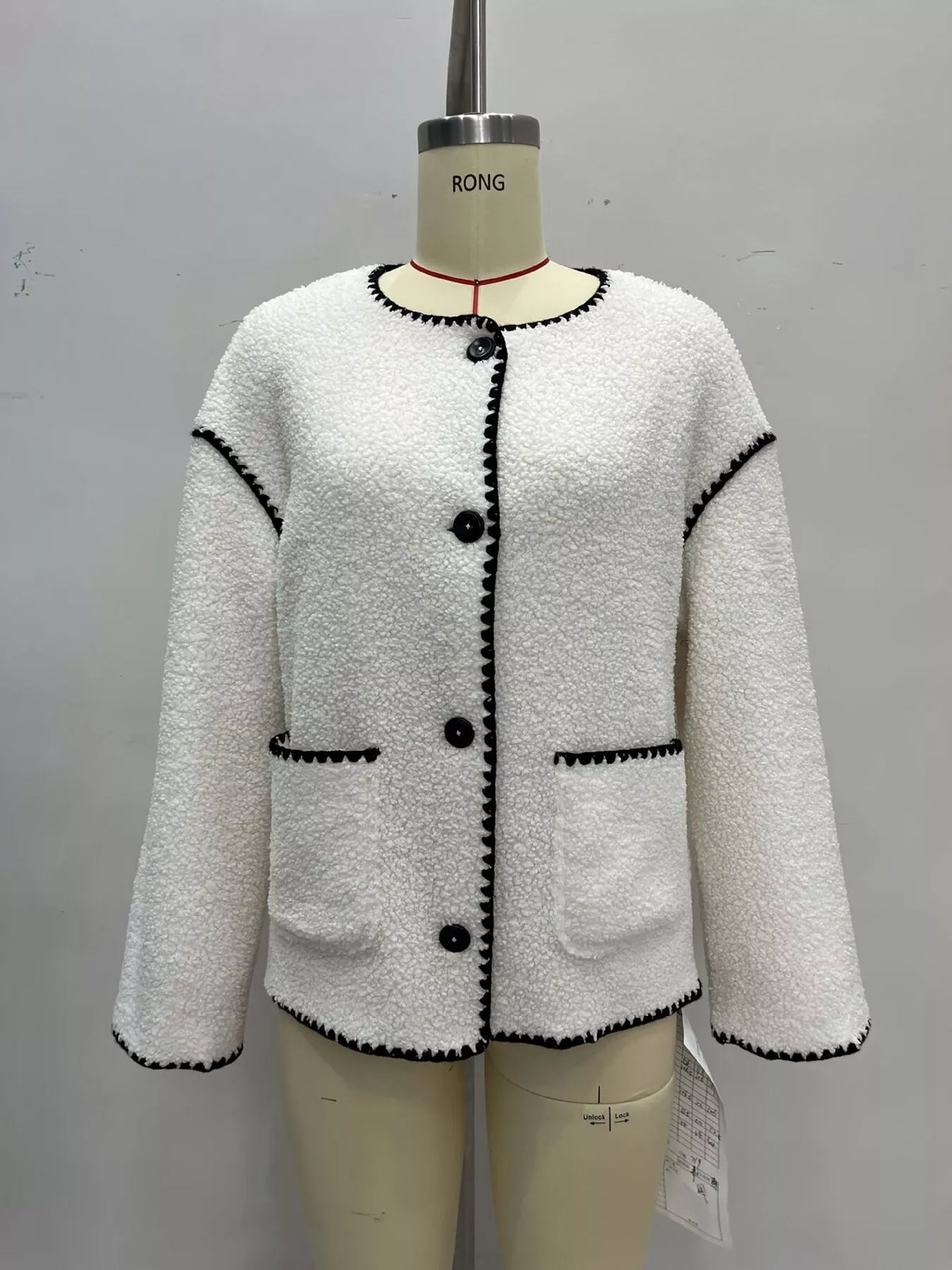 Faux Shearling Contrast Trim Button-Down Outerwear - White - View 4