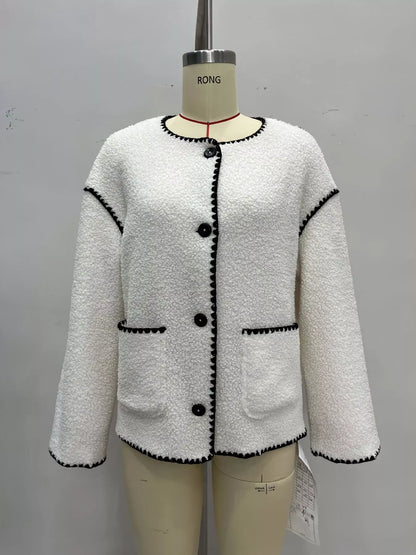 Faux Shearling Contrast Trim Button-Down Outerwear - White - View 4