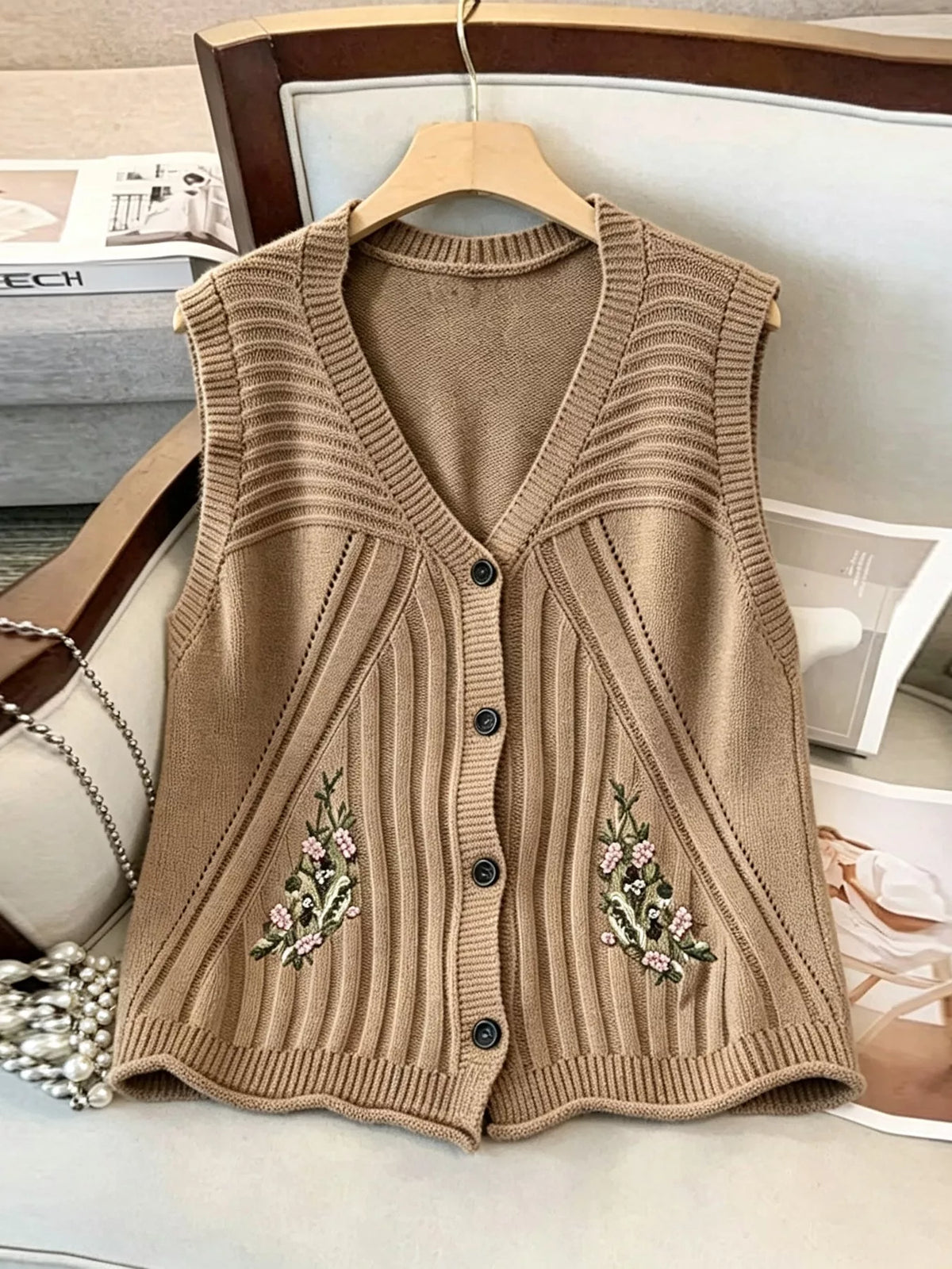 Floral Embroidered V-Neck Button-Down Sweater Vest - Tan - View 3