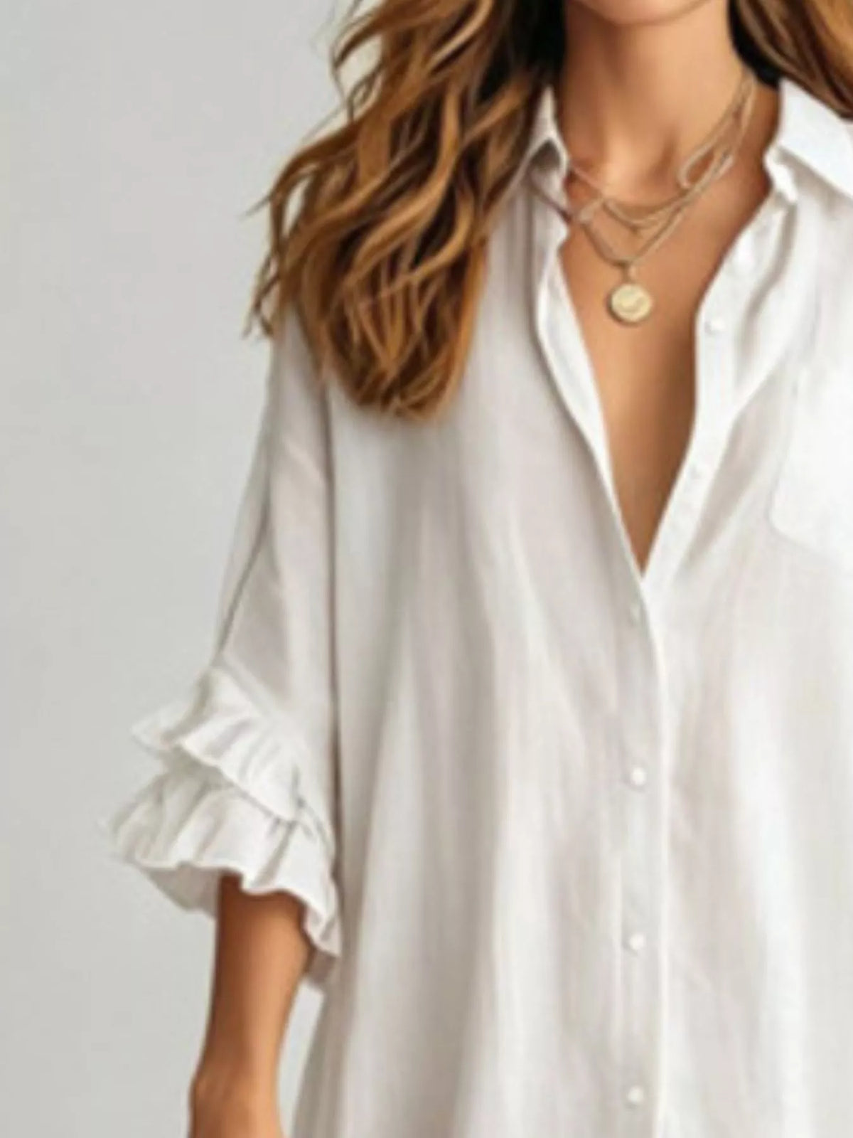 Full Size Ruffled Trim Button-Down Maxi Shirt Dress Plus Size - White - View 2