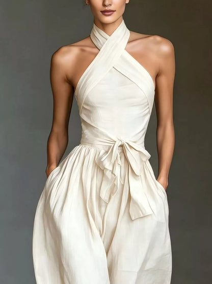 Halter Neck Wide-Leg Jumpsuit with Waist-Tie Detail - Milky White - View 2