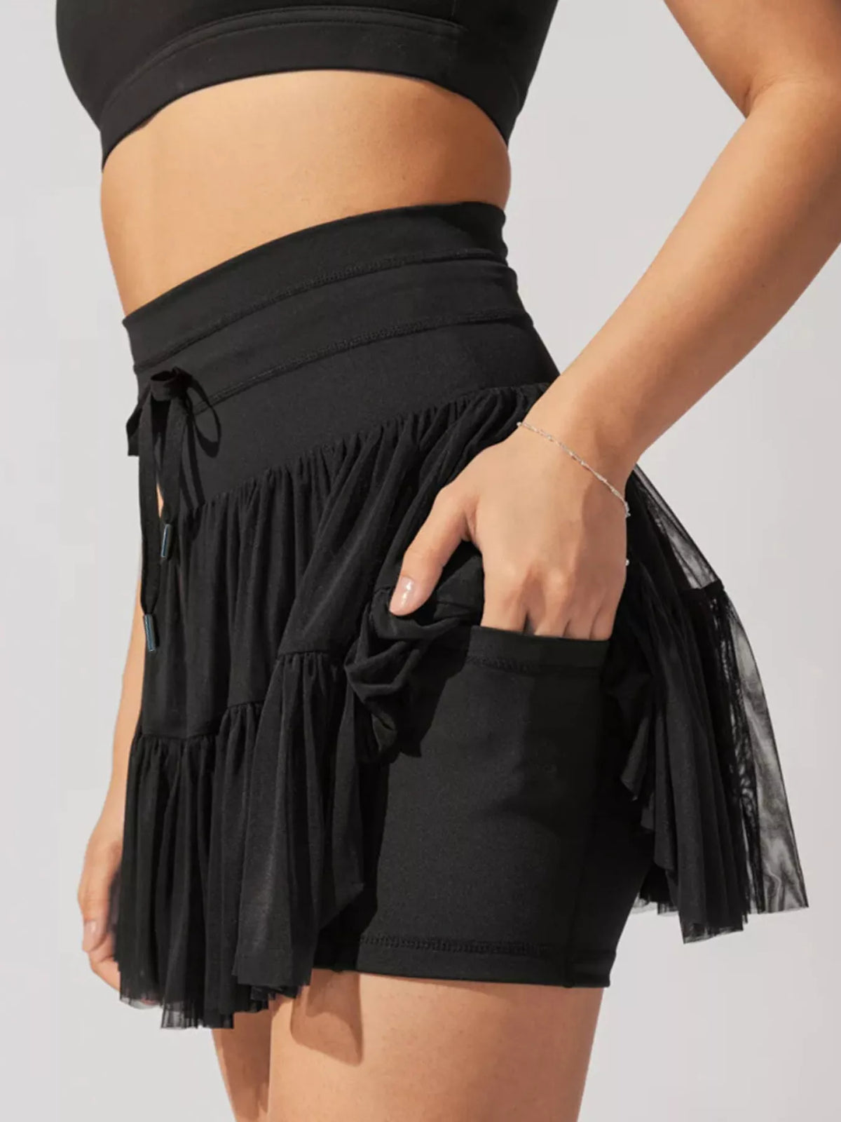 Tiered Skort with Drawstring - Black - View 5