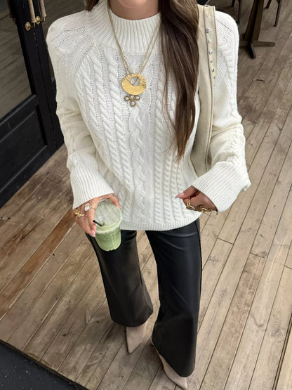 Mock Neck Cable-Knit Sweater - Apricot - View 5