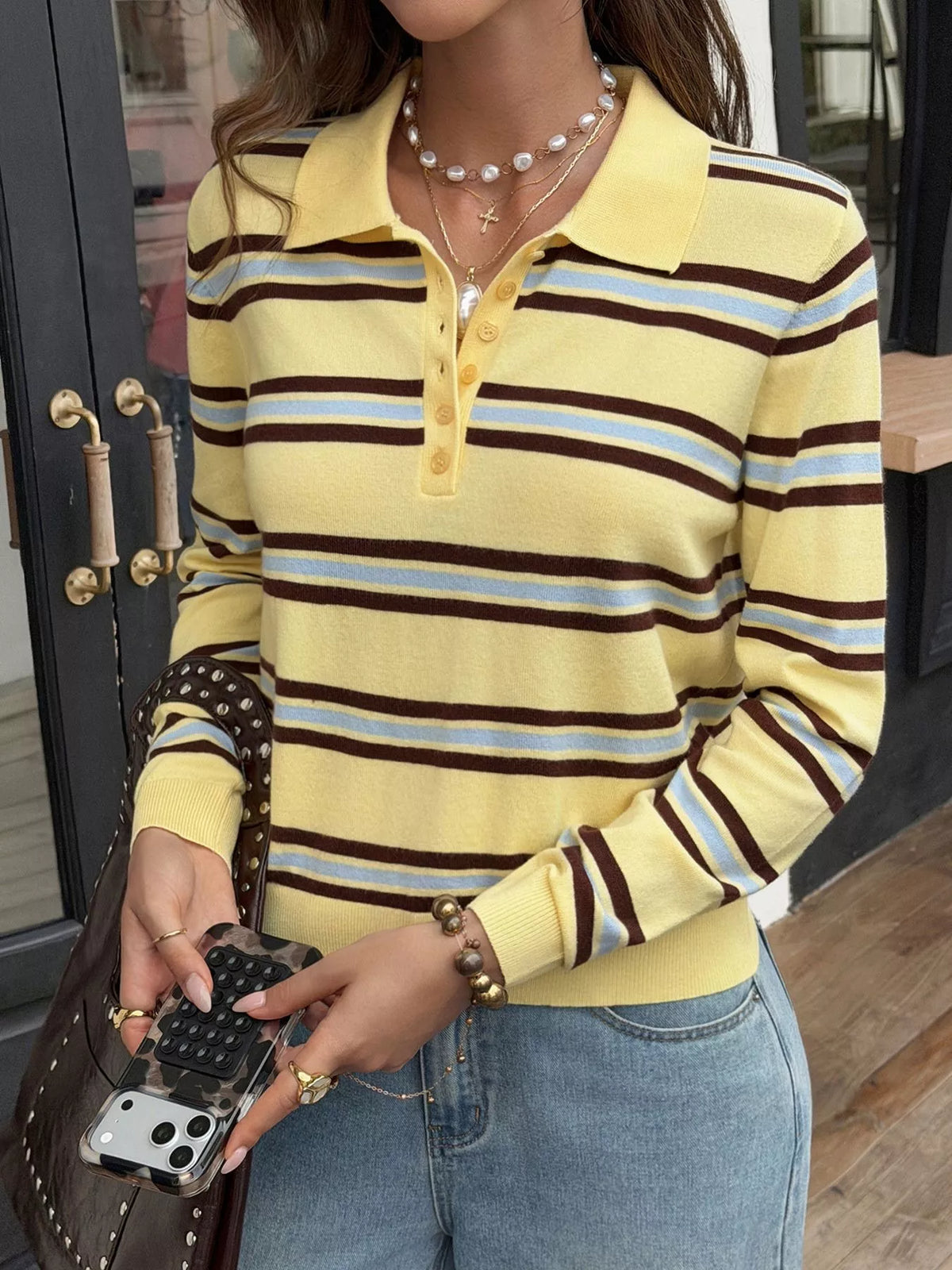 Striped Polo Collar Knit Top - Colorful Stripes - View 2