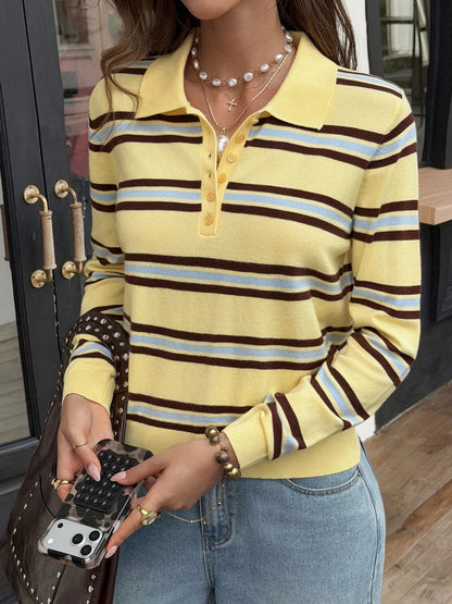 Striped Polo Collar Knit Top - Colorful Stripes - View 2