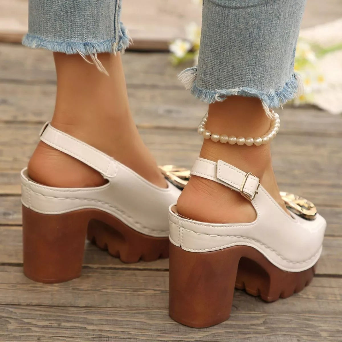 Peep Toe Block Heels Sandals - Beige - View 7