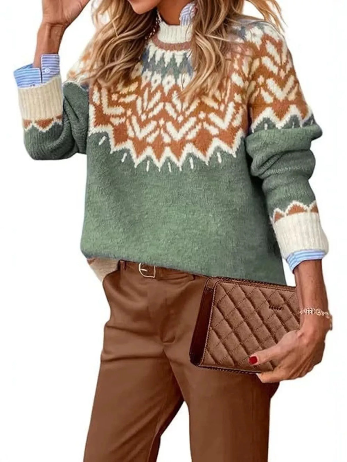 Full Size Fair Isle Patterned Long Sleeve Sweater Plus Size - Matcha Green - View 1