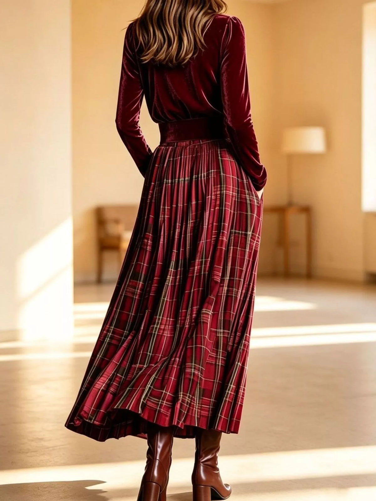 Velvet Turtleneck Top and Plaid Maxi Skirt Two-Piece Set - Burgundy - View 4