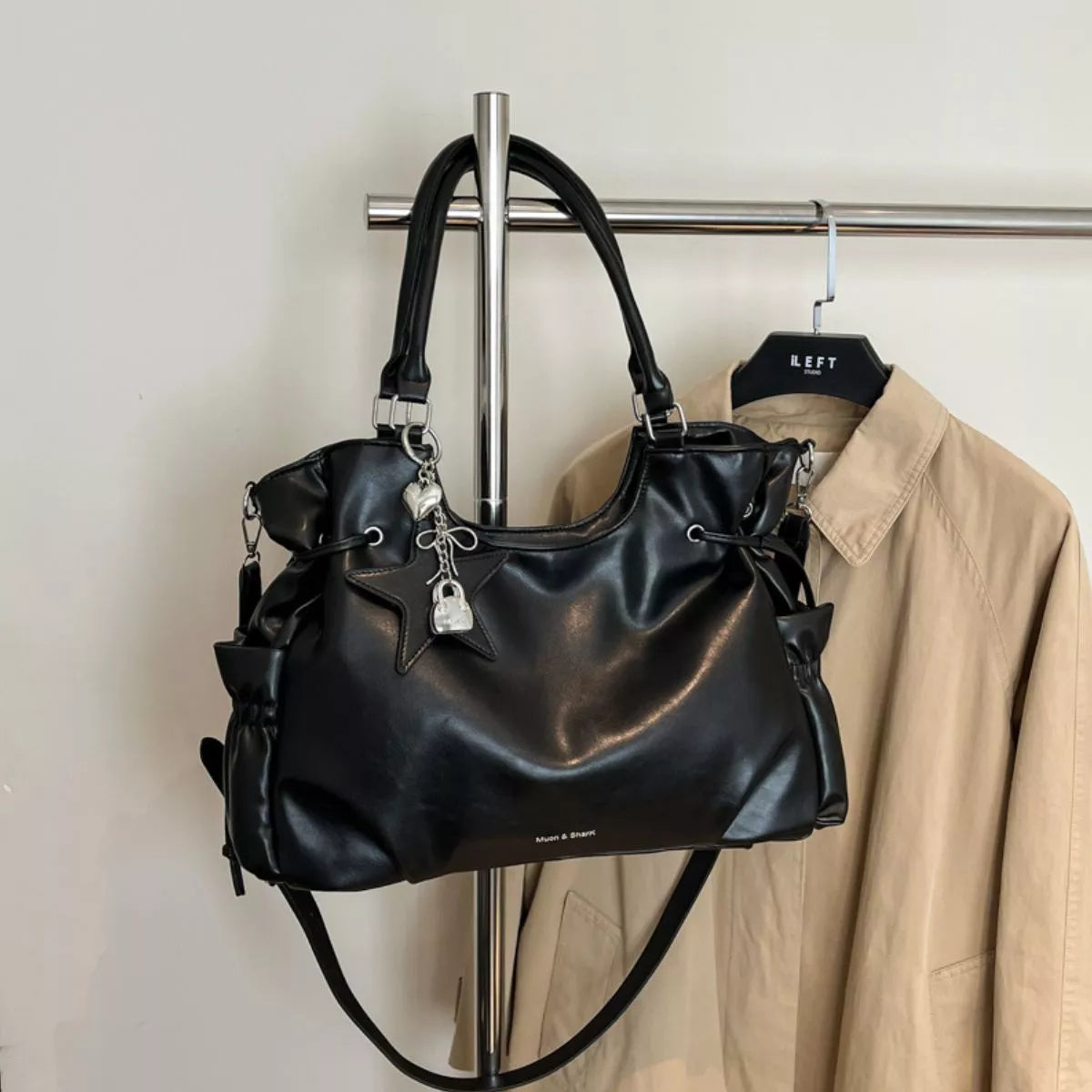 PU Leather Shoulder Bag - Black - View 5