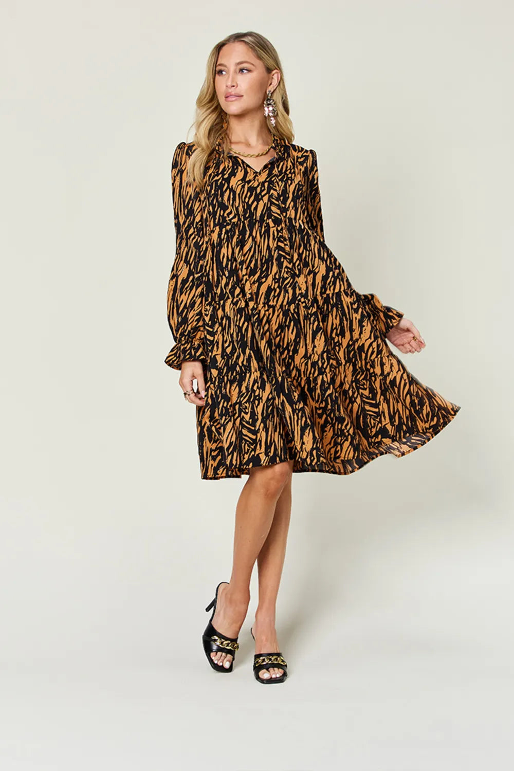 Double Take Full Size Printed Ruffle Hem Long Sleeve Dress Plus Size - Caramel - View 6