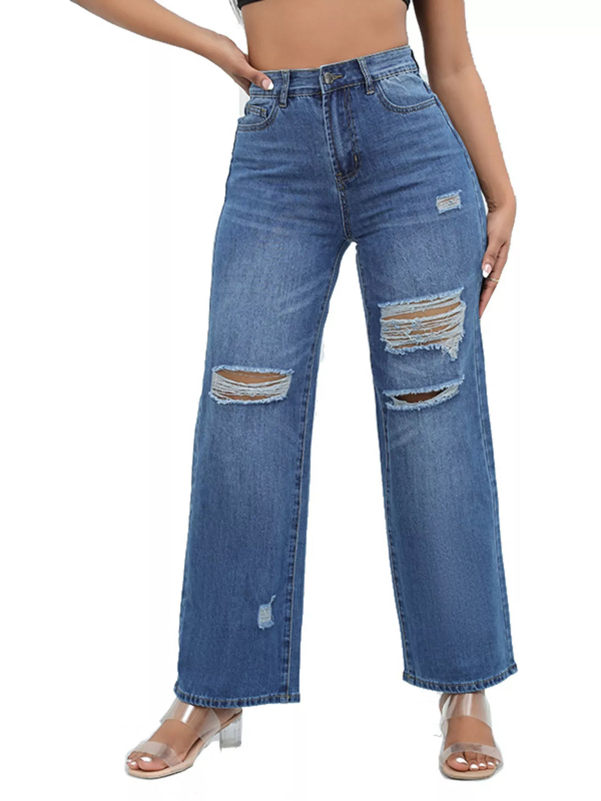 Distressed Wide-Leg Jeans - Dark Blue - View 4