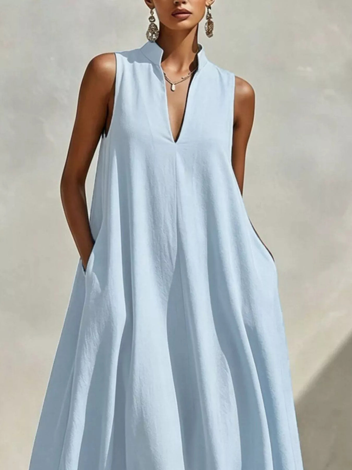 Sleeveless Maxi Dress with Side Pockets - Light Blue - View 2