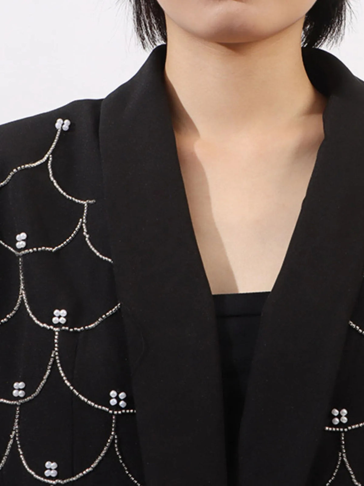 Pearl Detail Long Sleeve Blazer - Black - View 8
