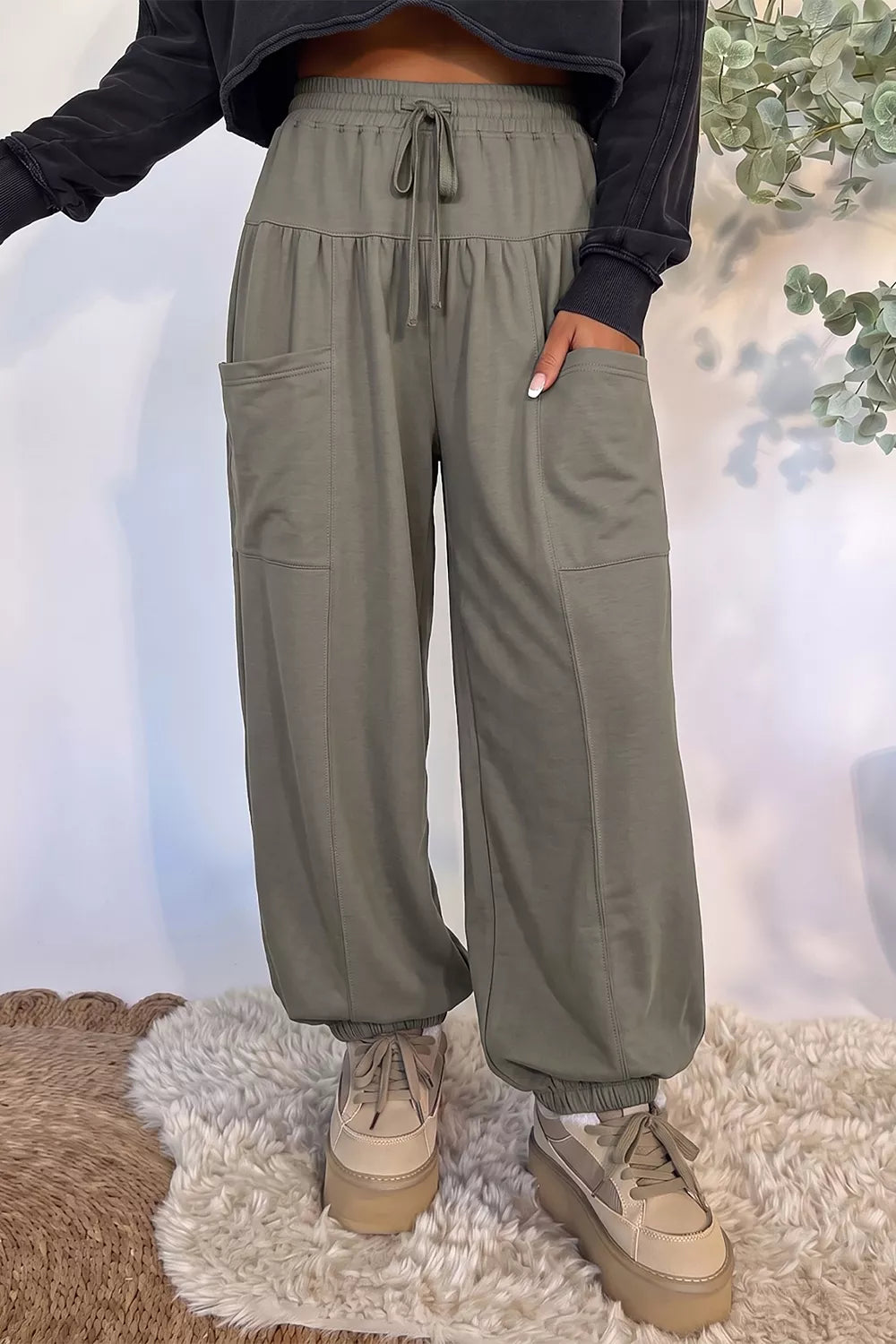 Elastic Waist Drawstring Wide Leg Full Length Pants - Army Green - View 2