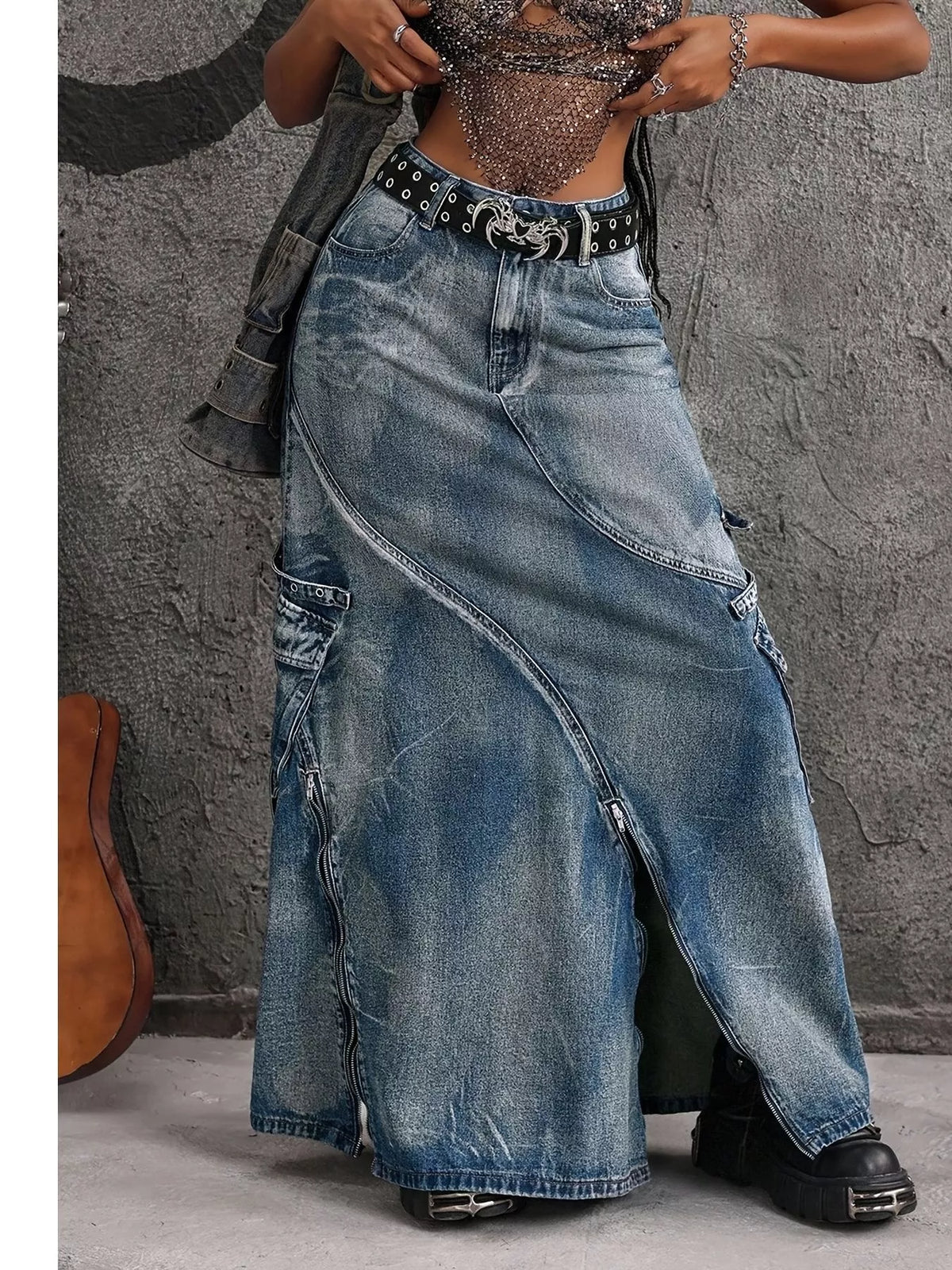 High-Waisted Denim Maxi Skirt with Zipper Slit - Blue - View 1