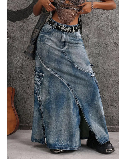 High-Waisted Denim Maxi Skirt with Zipper Slit - Blue - View 1