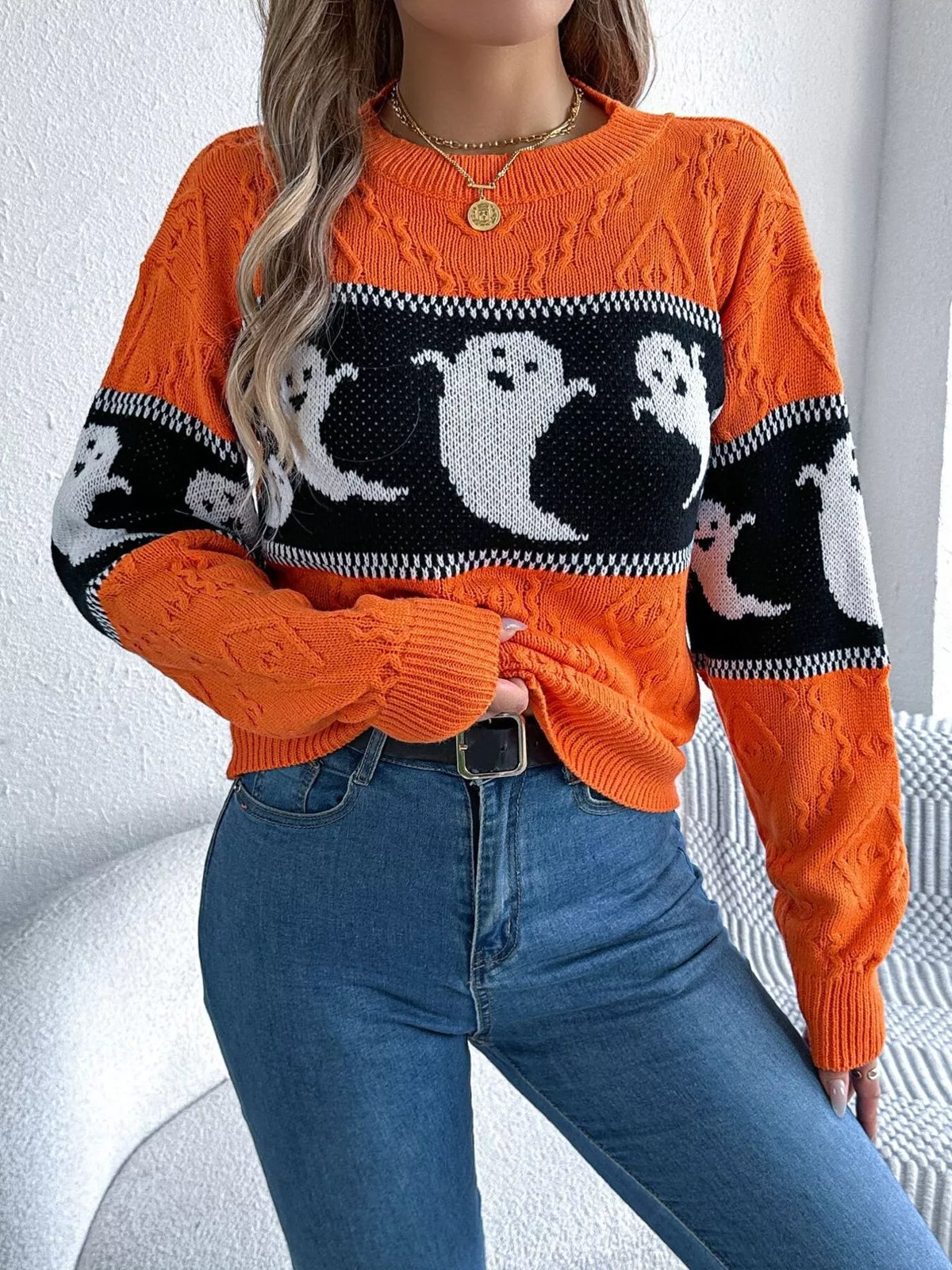 Halloween Ghost Pattern Textured Sweater - Orange - View 3