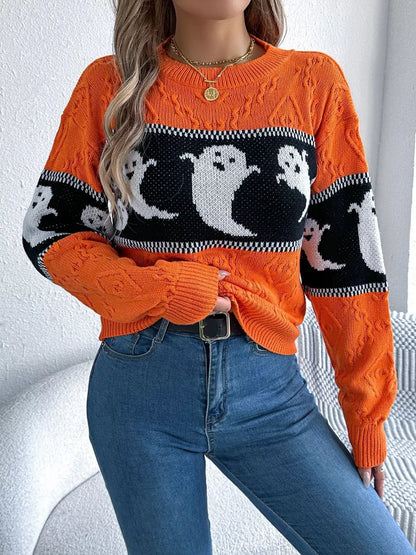 Halloween Ghost Pattern Textured Sweater - Orange - View 3