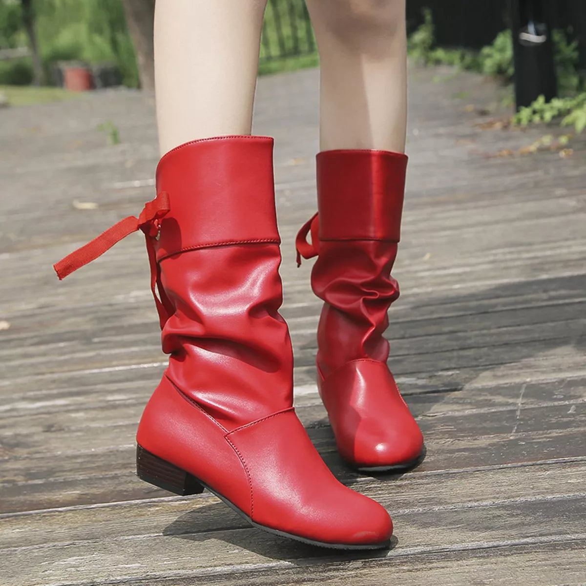 Round Toe Block Heels Boots - Red - View 7