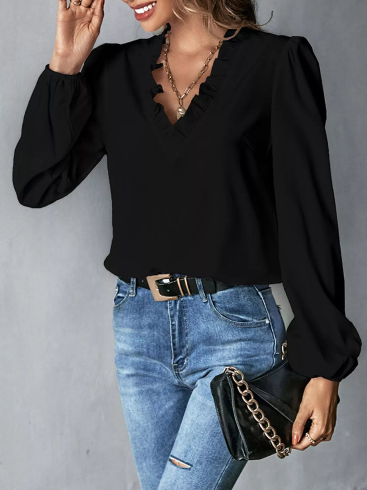 Ruffled Trim V-Neck Blouse - All Colors - View 3