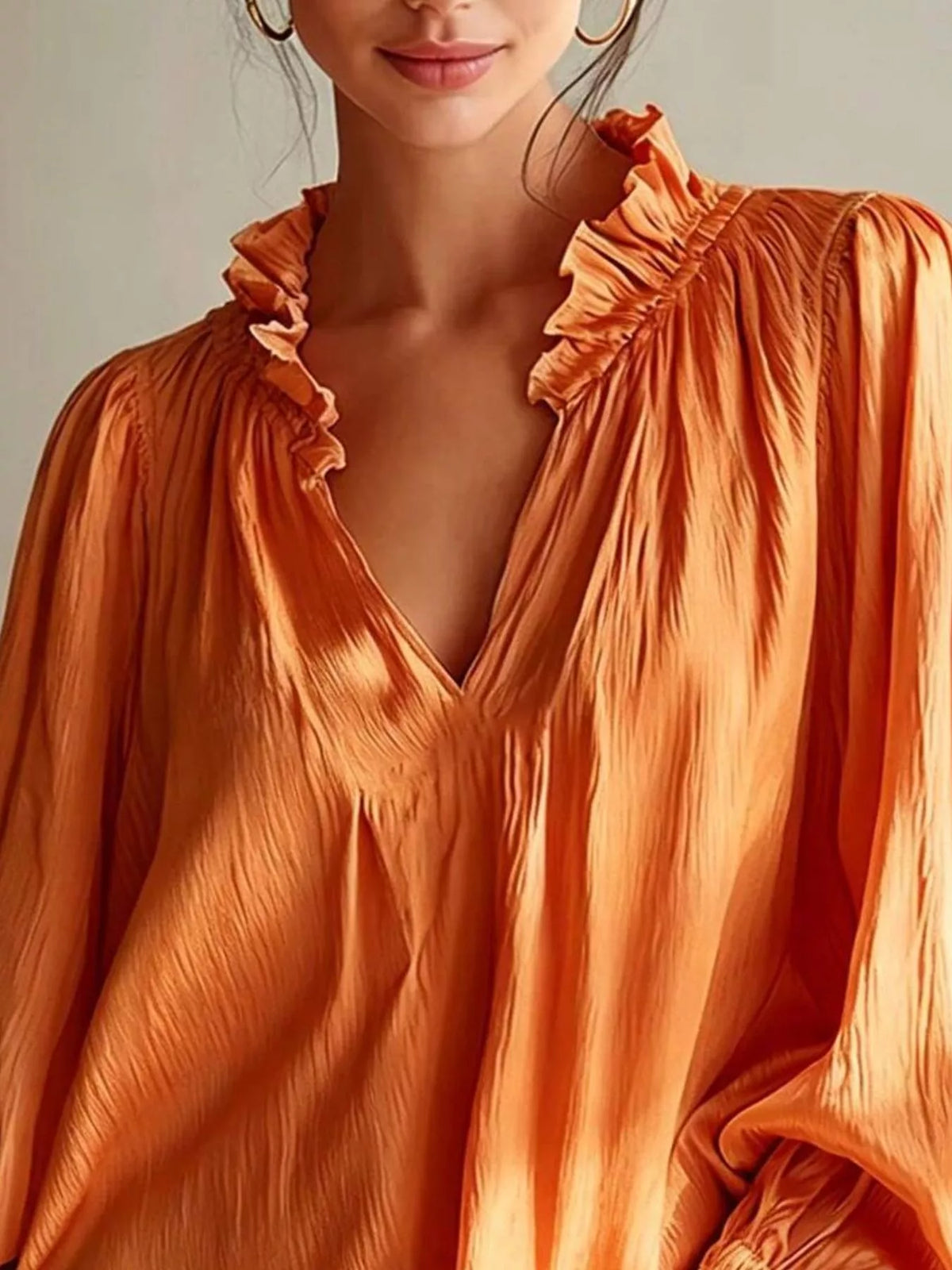 Ruffle Trim Long Sleeves Blouse - Tangerine - View 2