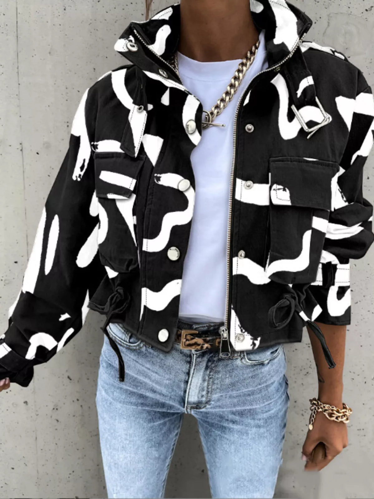 Snap Down Cropped Jacket - White - View 1