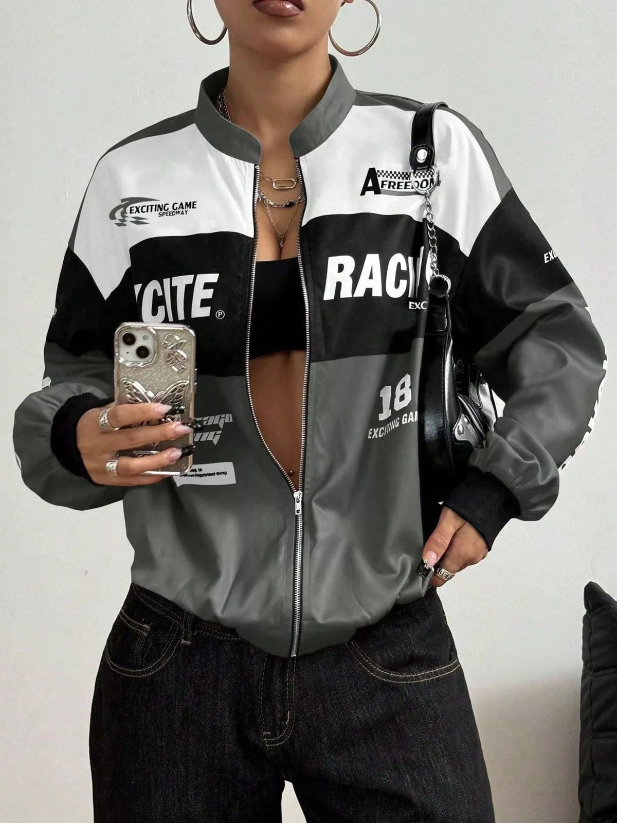 Letter Print Zip Up Jacket - Dark Gray - View 1