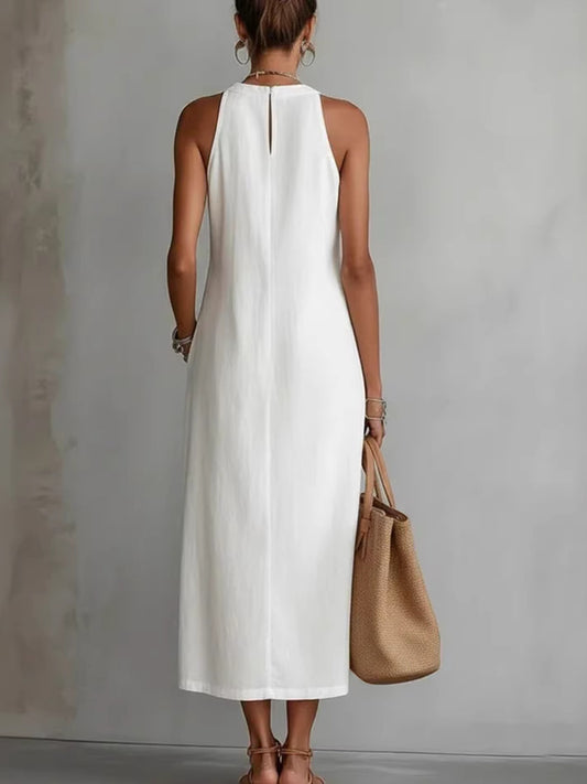 Side Slit Sleeveless Hollow-Out Trimmed Midi Dress - White - View 2
