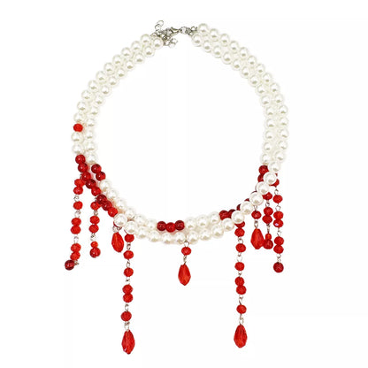 Halloween Pearl Double Layered Choker Necklace - Burgundy - View 6