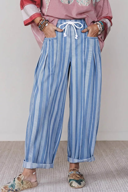 Stripe High Waist Wide Leg Barrel Jeans - Light Blue - View 1