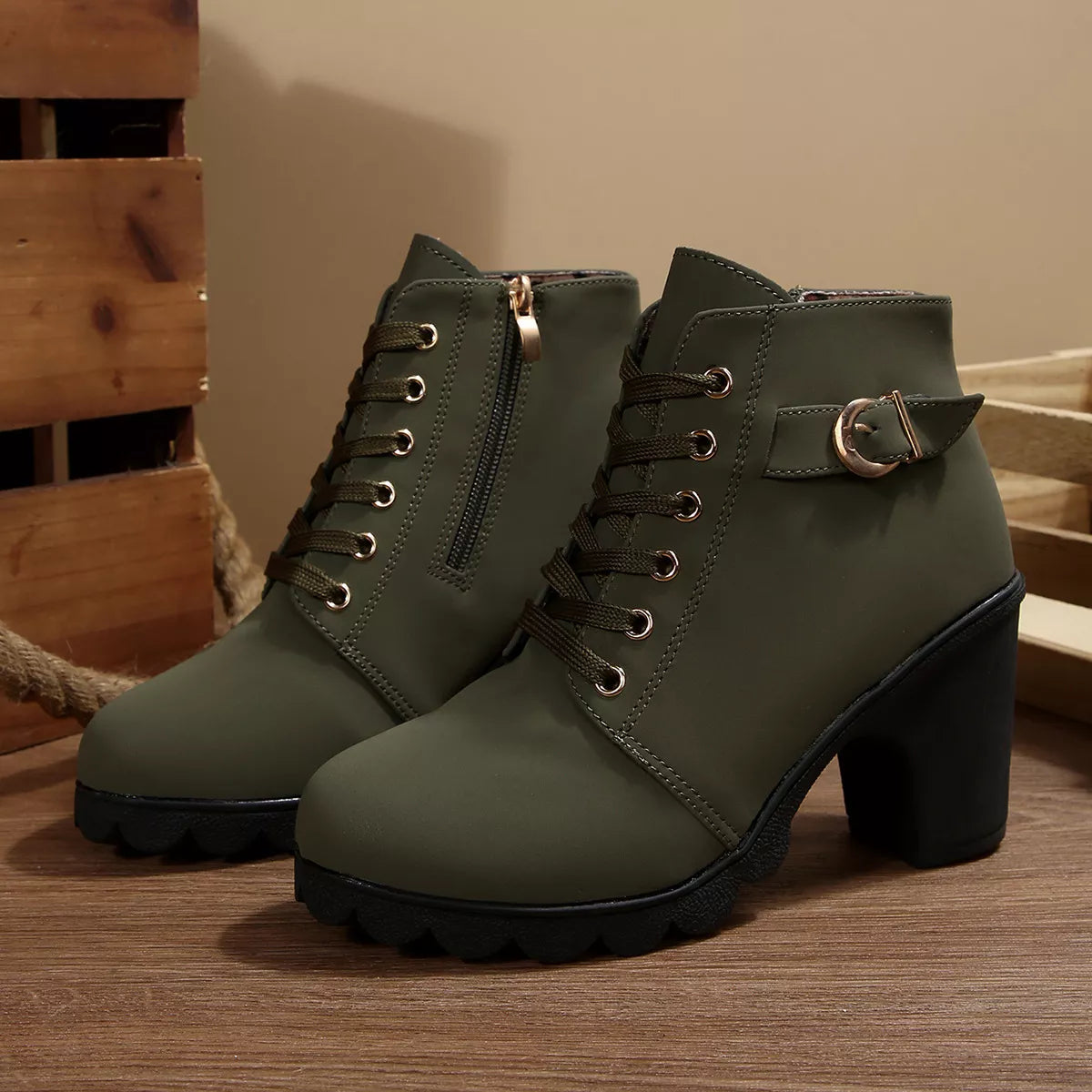 Lace Up Block Heels Boots - Green - View 21