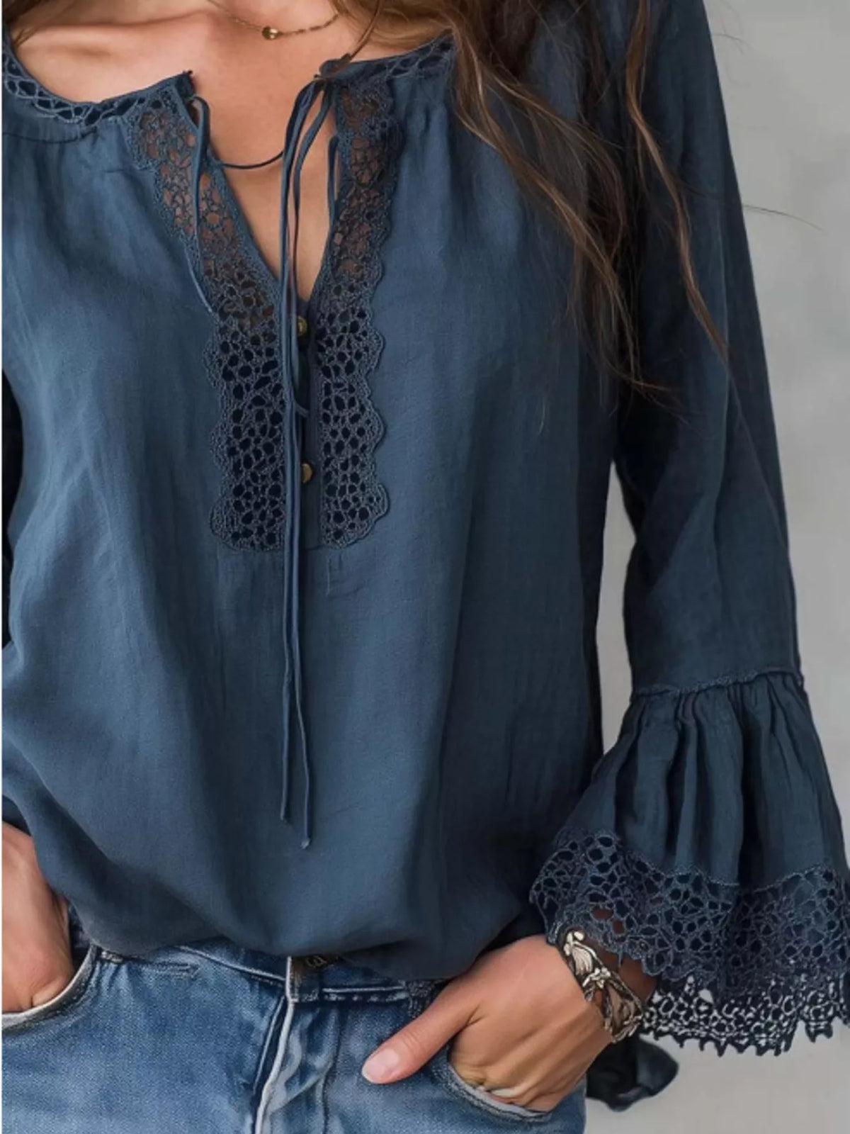 Full Size Tie Neck Flounce Sleeve Blouse Plus Size - Sea Blue - View 4